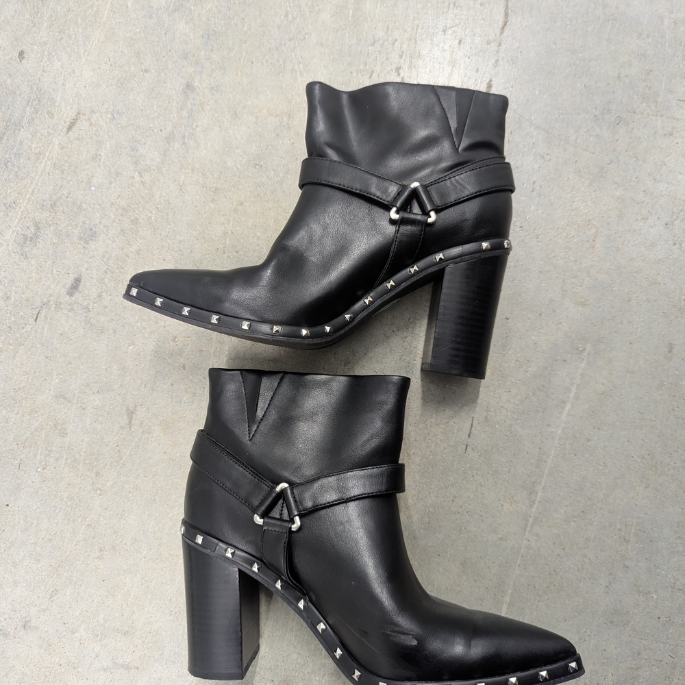 Black Leather Studded Ankle Boots - Women